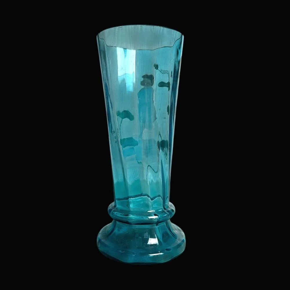 Antique Mary Gregory Turquoise‎ Blue Art Glass Vase Hand Painted Girl 6.5